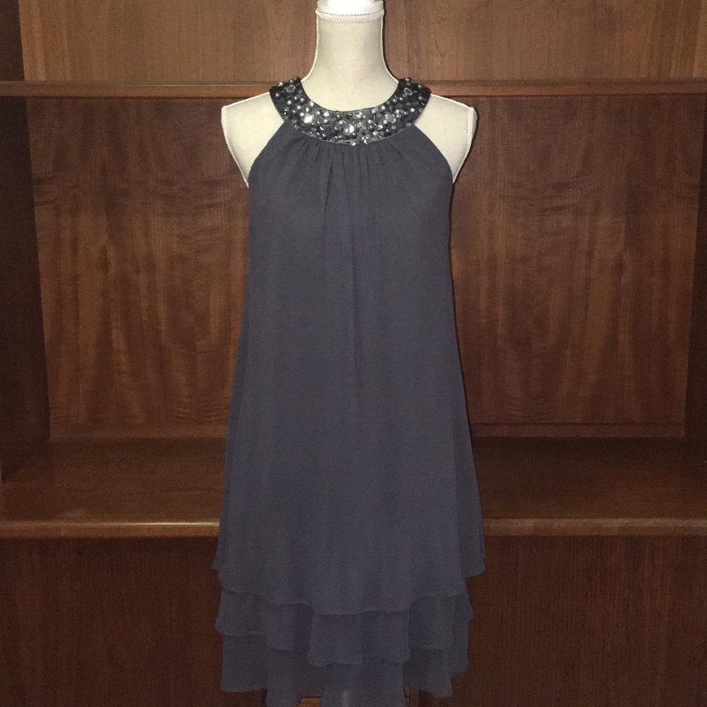 S.L. Fashions grey halter rhinestone party dress